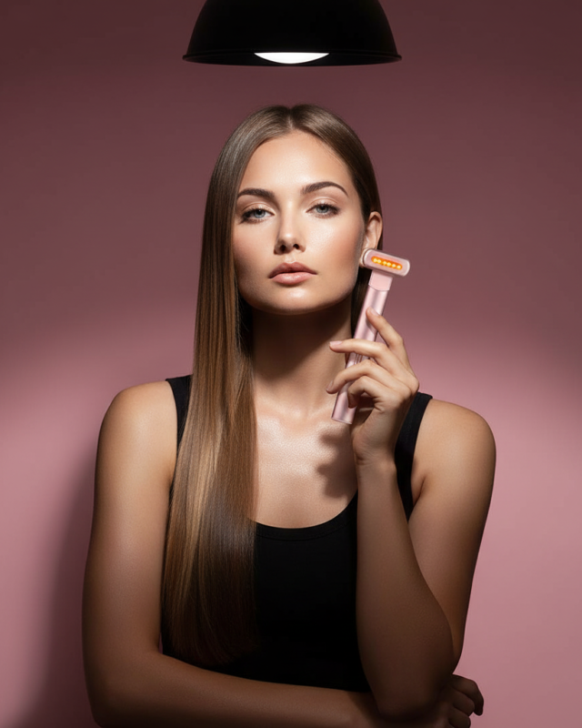 Red light therapy wand by HeySilkySkin, shown with the display panel lit.
