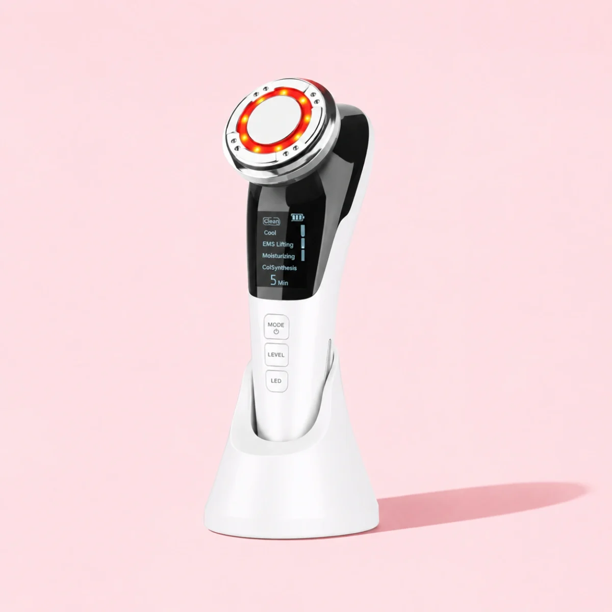 5-in-1 facial skincare device by HeySilkySkin, shown against a soft pink studio background.