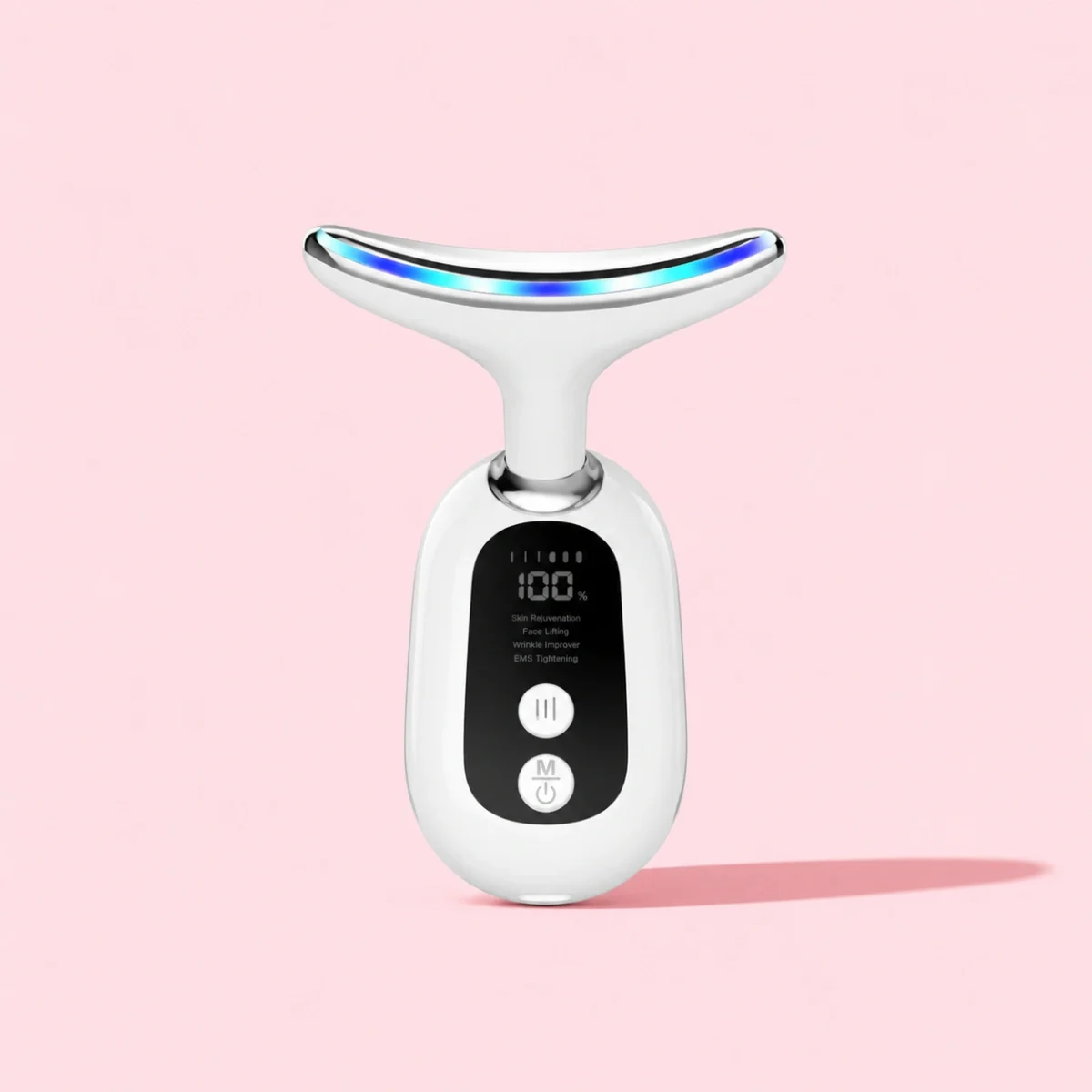 Neck beauty device by HeySilkySkin, shown against a soft pink studio background.